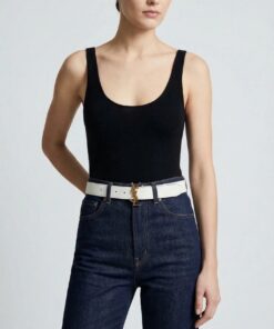 CASSANDRE Thin Belt with square buckle in box Saint Laurent Leather – White / Black (Gold Hardware)