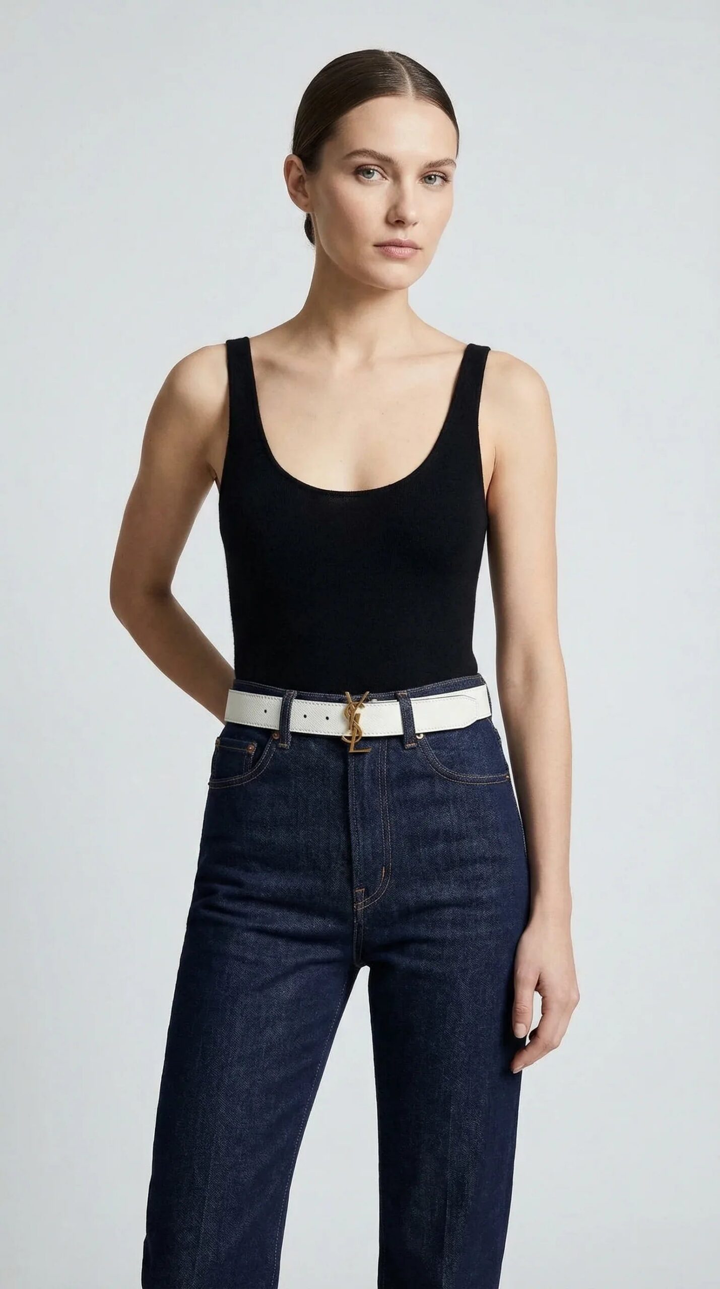 CASSANDRE Thin Belt with square buckle in box Saint Laurent Leather – White / Black (Gold Hardware)