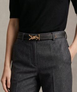CASSANDRE Thin Belt with square buckle in box Saint Laurent Leather – Black / Orange (Gold Hardware)