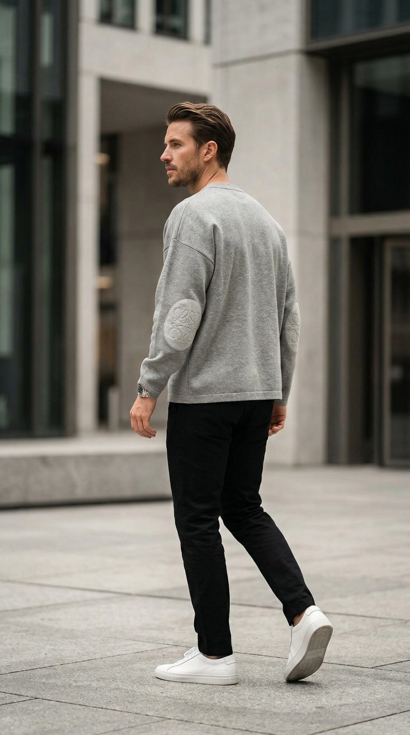 Textured Sleeve Wool Knit Sweater - Grey