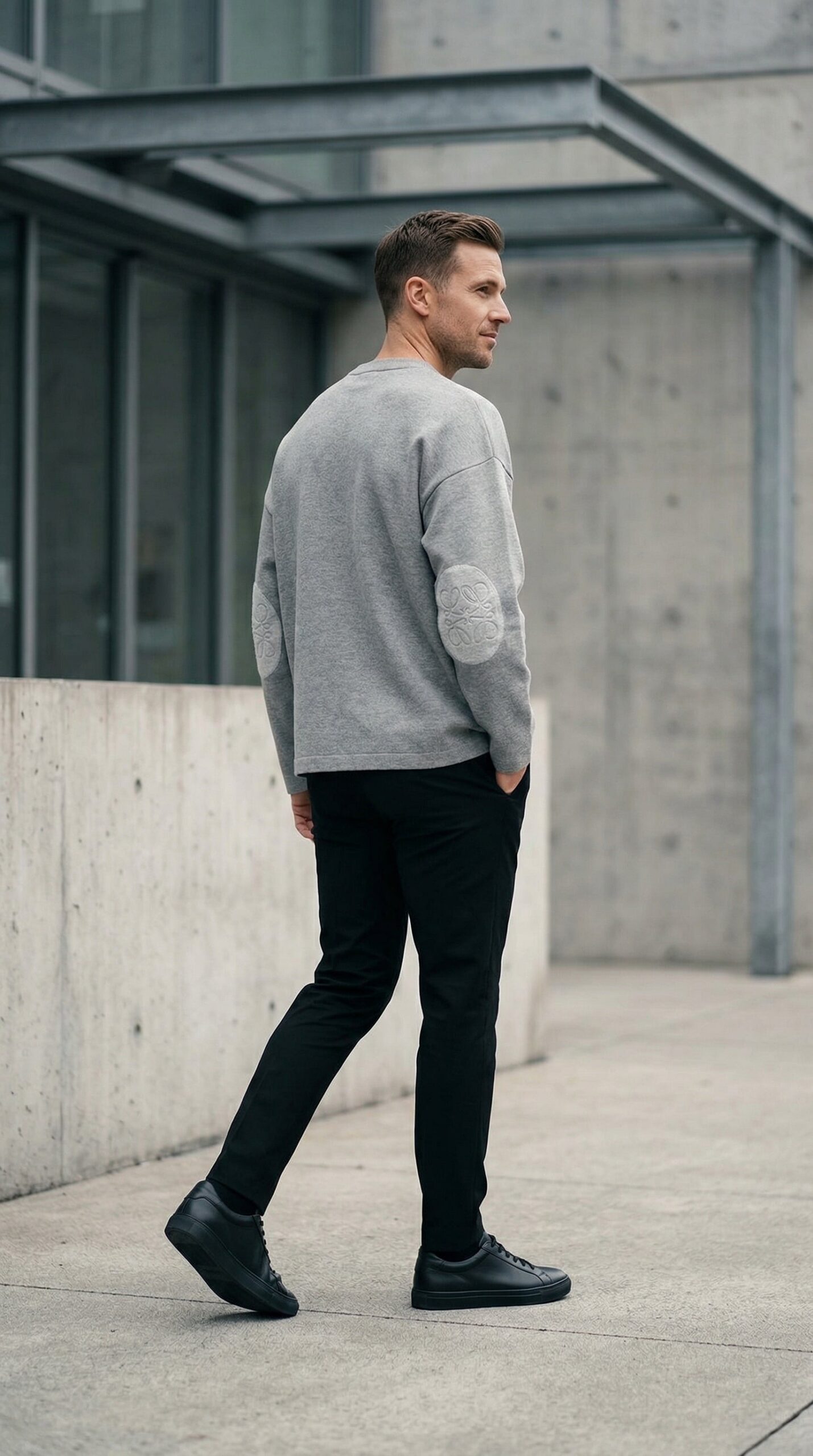 Textured Sleeve Wool Knit Sweater - Grey