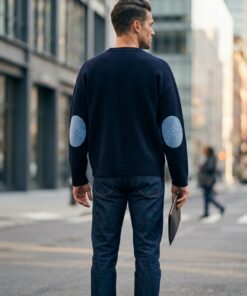 Textured Sleeve Wool Knit Sweater - Blue