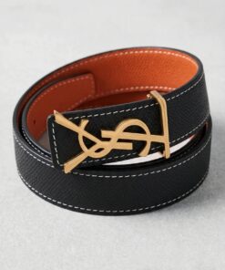 CASSANDRE Thin Belt with square buckle in box Saint Laurent Leather – Black / Orange (Gold Hardware)