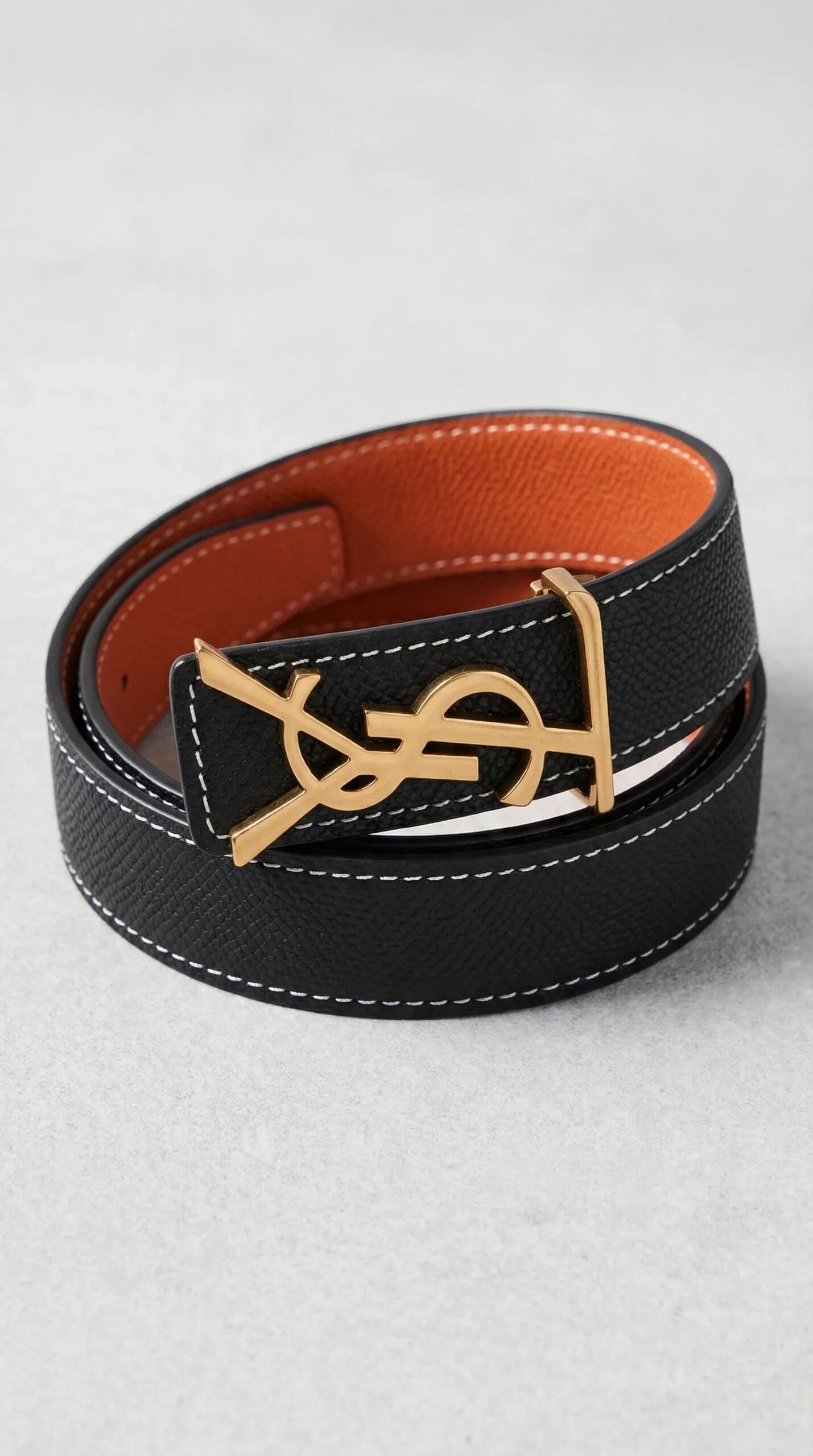 CASSANDRE Thin Belt with square buckle in box Saint Laurent Leather – Black / Orange (Gold Hardware)