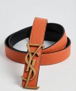 CASSANDRE Thin Belt with square buckle in box Saint Laurent Leather – Orange / Black (Gold Hardware)