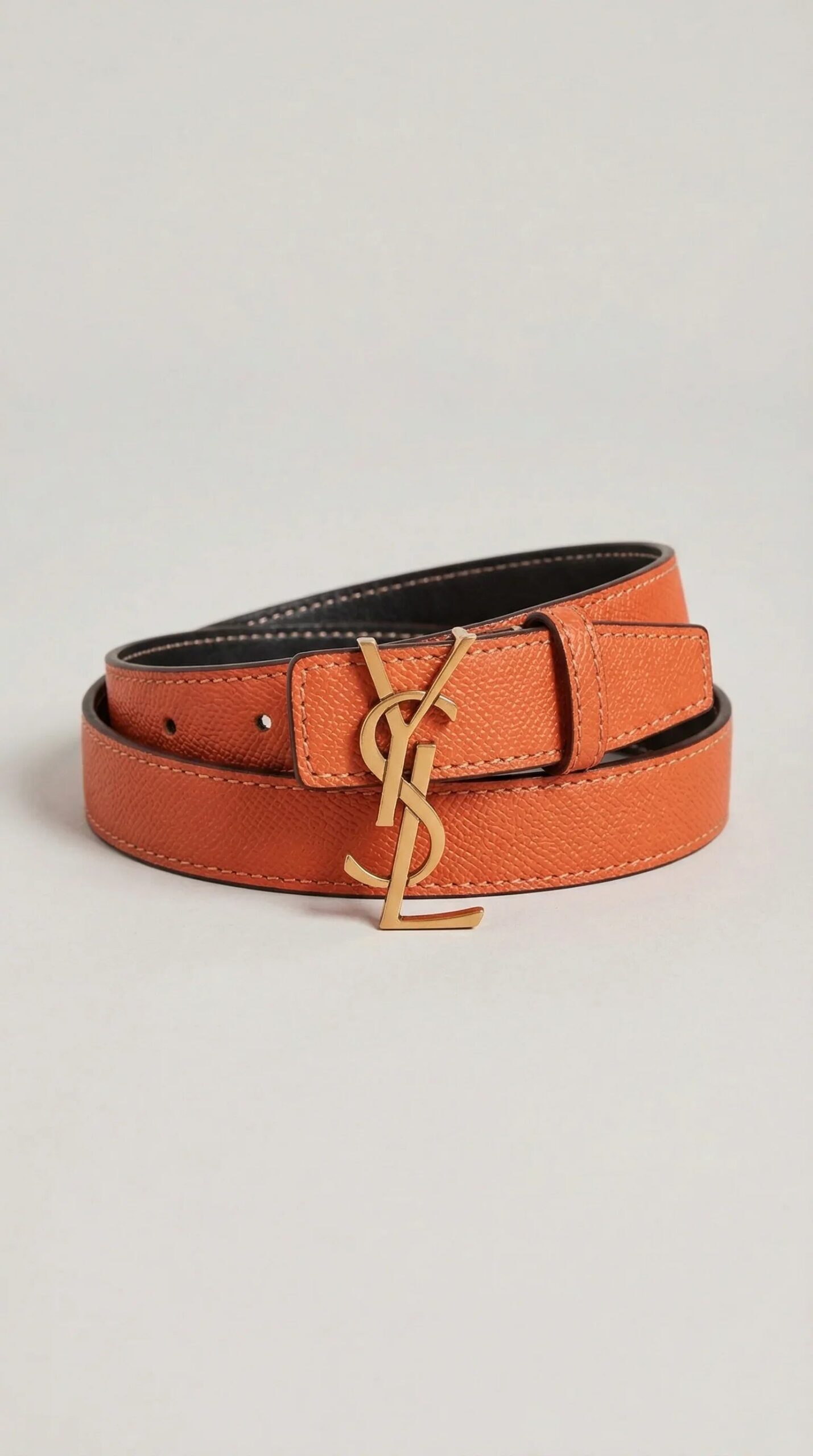 CASSANDRE Thin Belt with square buckle in box Saint Laurent Leather – Orange / Black (Gold Hardware)