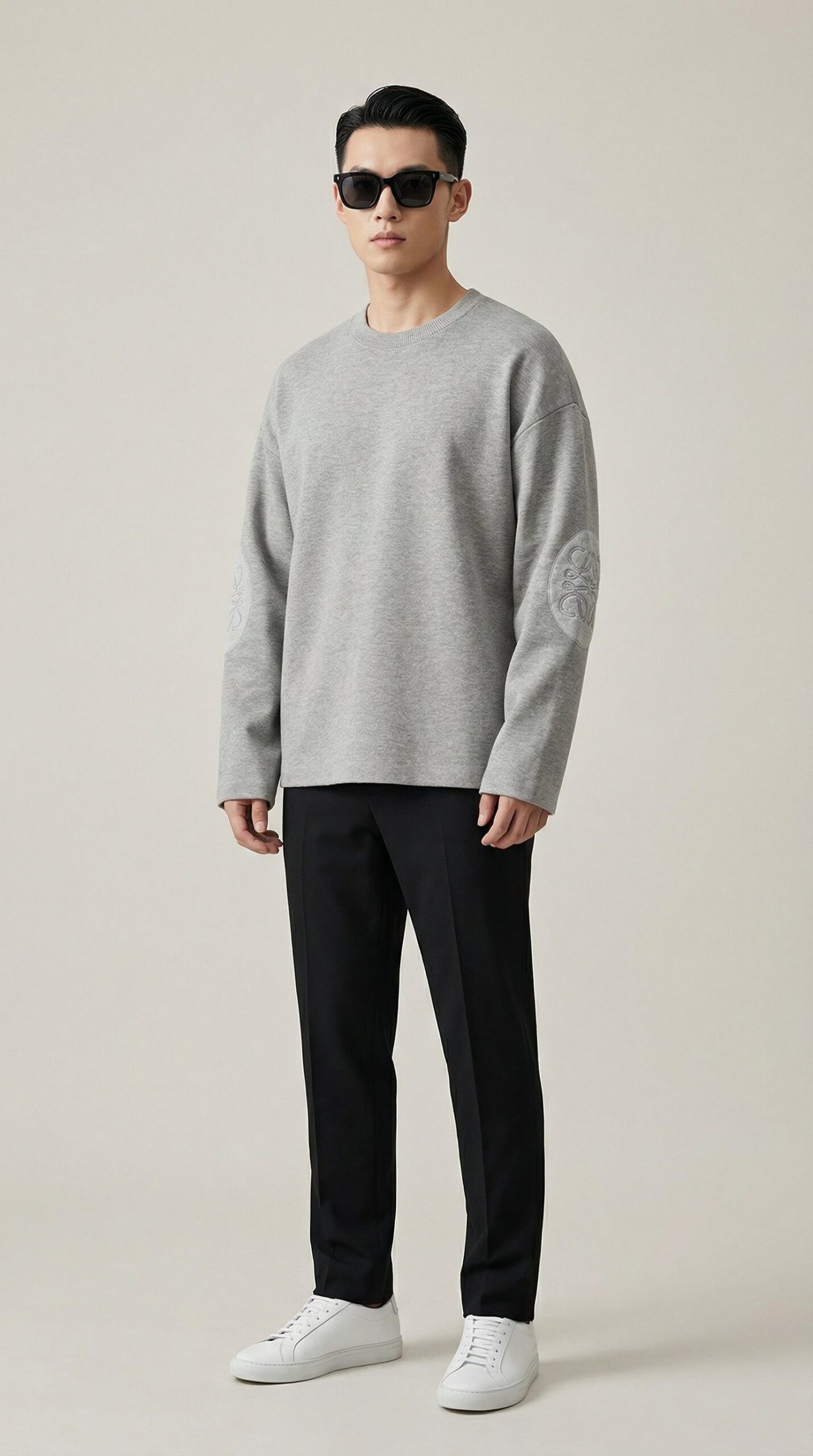 Textured Sleeve Wool Knit Sweater - Grey