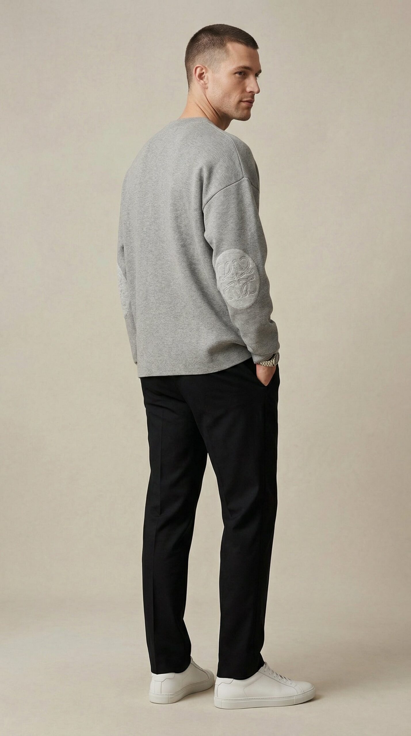 Textured Sleeve Wool Knit Sweater - Grey
