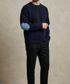 Textured Sleeve Wool Knit Sweater - Blue