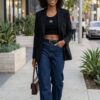 Cropped Ribbed Tank Top - Black